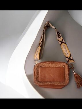 Tan Faux-Shearling Crossbody Bag with Patterned Strap